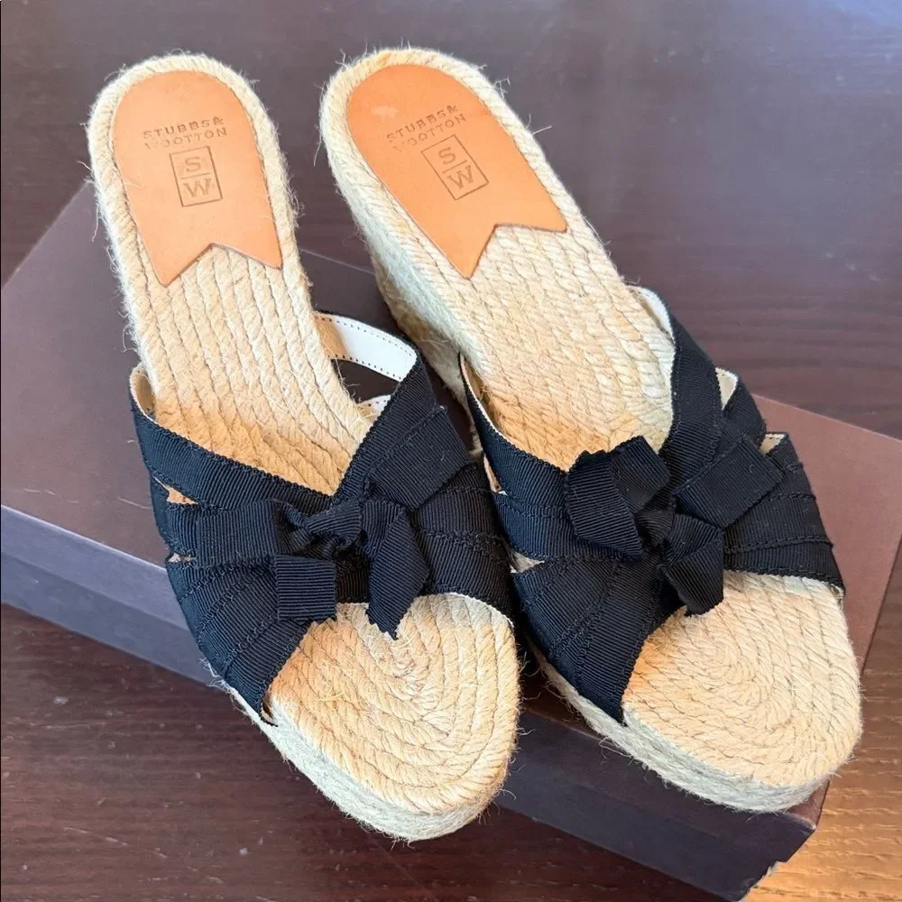 Stubbs & Wootton Black and Tan Espadrille Slides 38